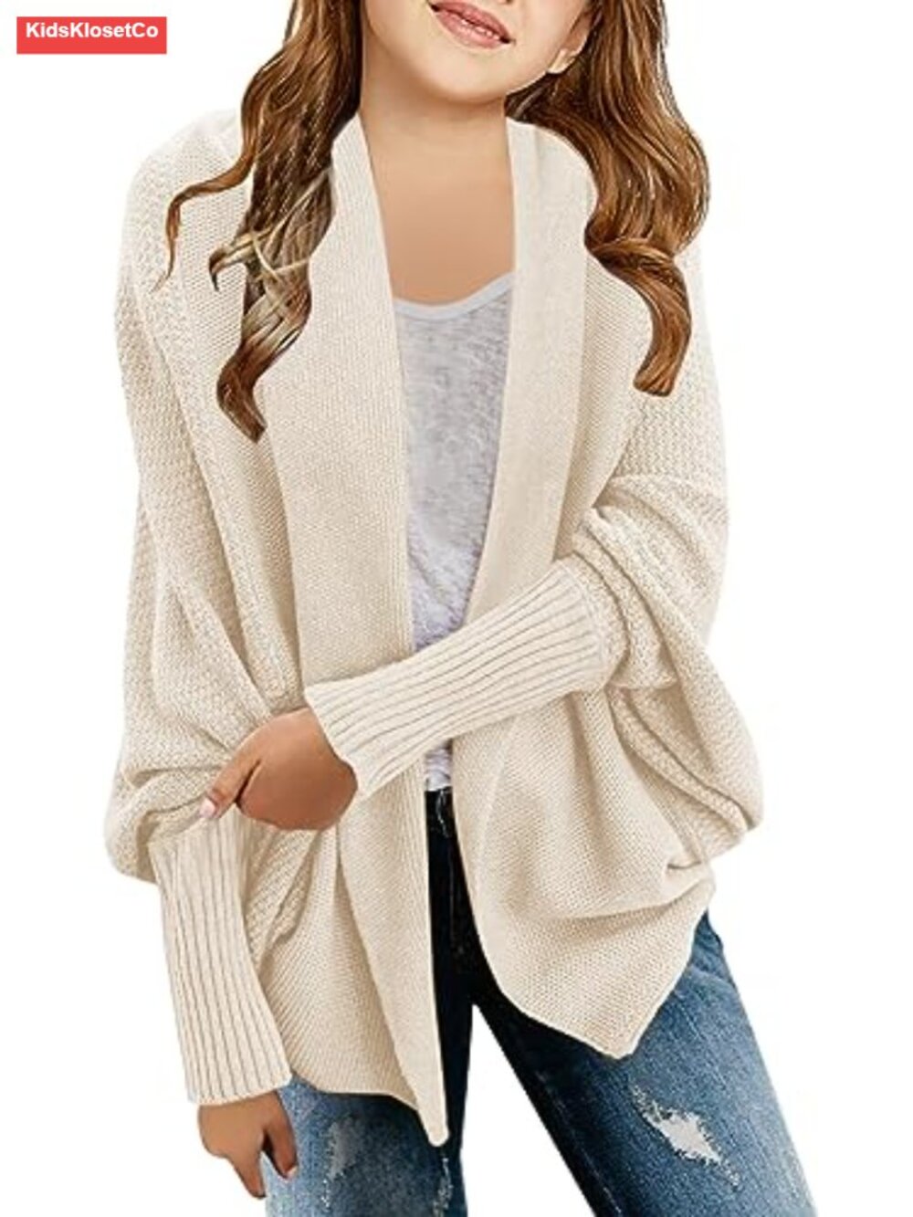 Girls Open Front Cardigan Sweaters Batwing Long Sleeve Shawl Collar Ribbed Knit - Picture 1 of 6